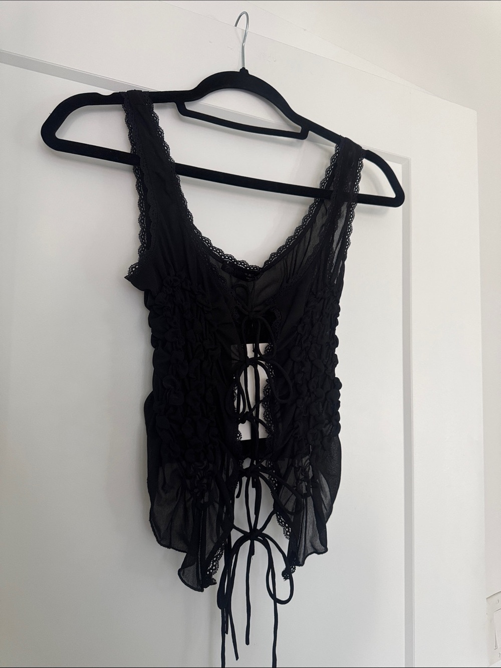 Zara Black Lace-Up Sheer Ruched Tank - Picture 4 of 16